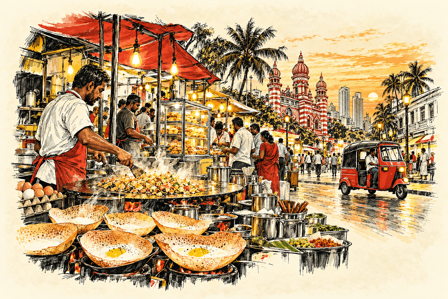 Ink illustration of kottu, hoppers and Colombo’s evening street-food stalls