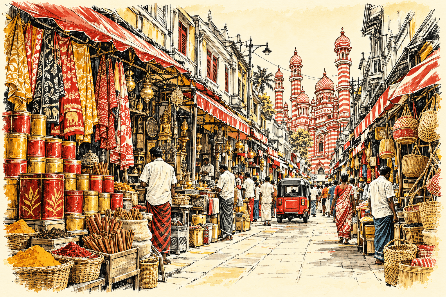 Ink illustration of Ceylon tea, batik and local market treasures