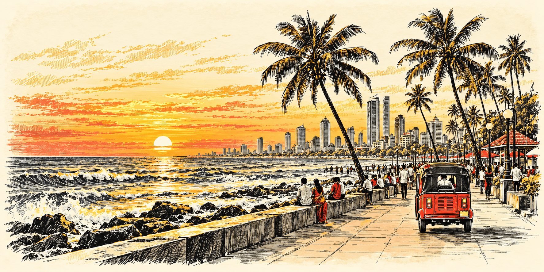 Ink travel-poster illustration of Galle Face, Colombo