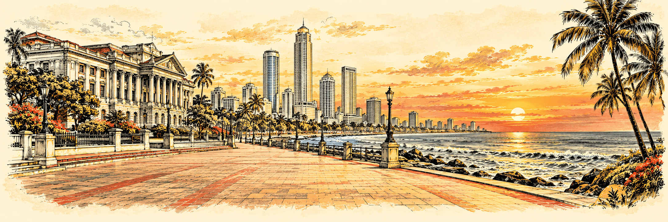 Illustrated Colombo coastline, palms and city skyline