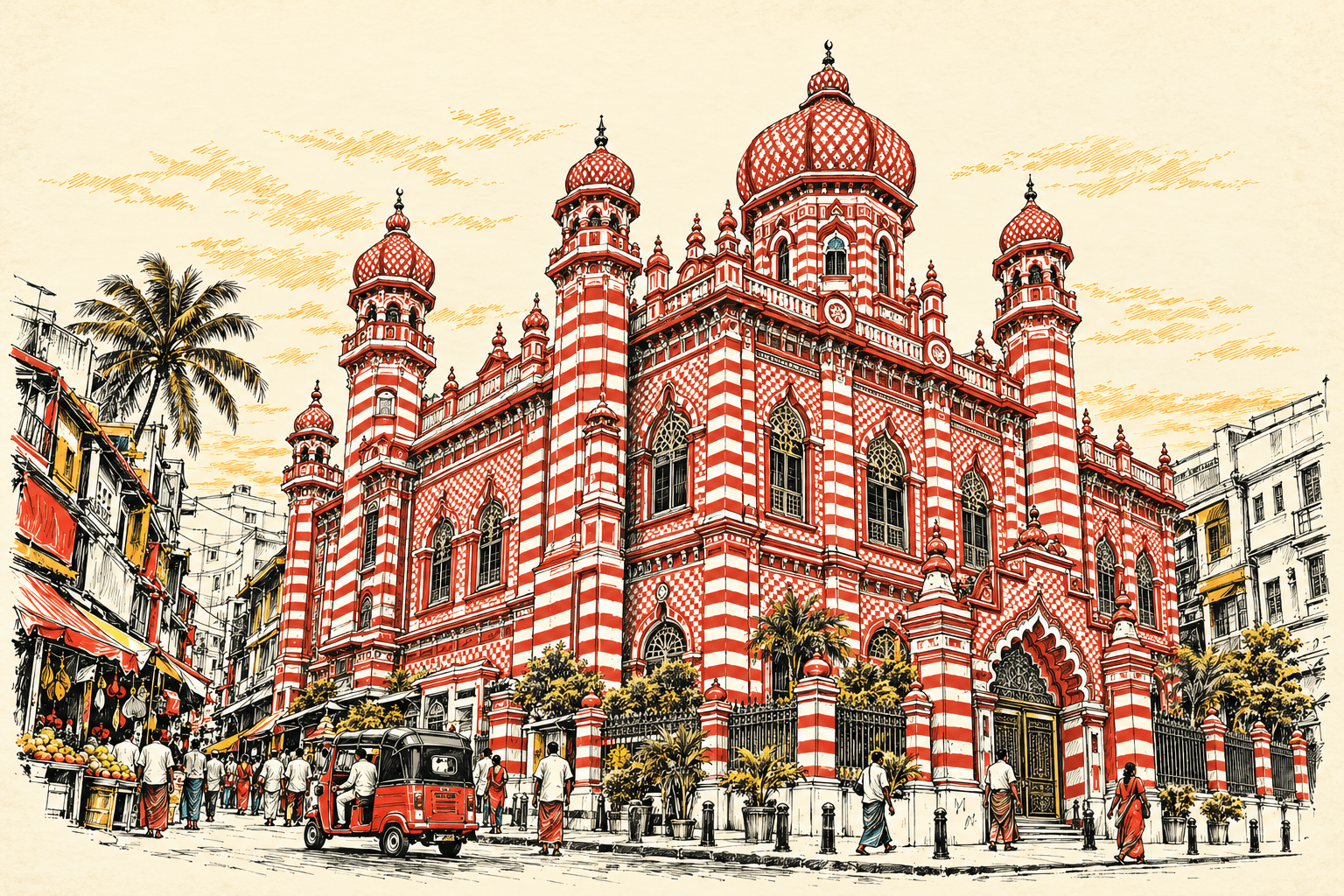 Ink travel-poster illustration of Red Mosque, Colombo