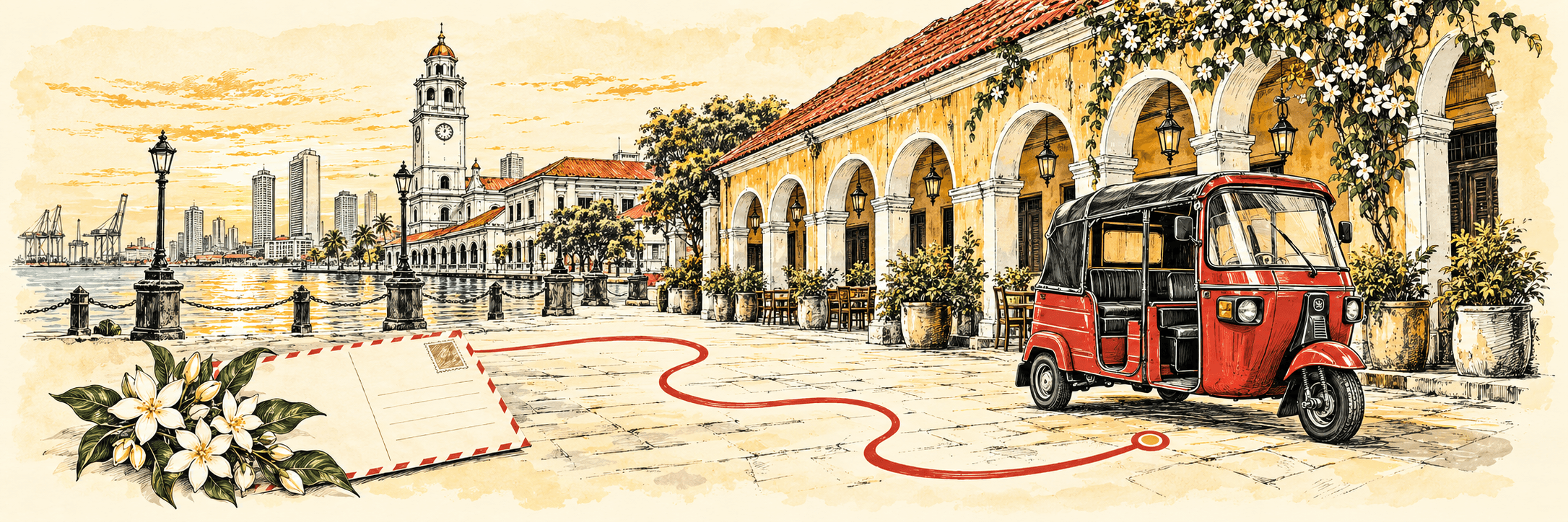 Ink illustration of a red tuk tuk, Colombo Fort and a postcard of friendship